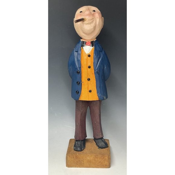 12" Vintage Hand Carved Wooden Statue Manager Businessman Wood Carving Art - Picture 3 of 10